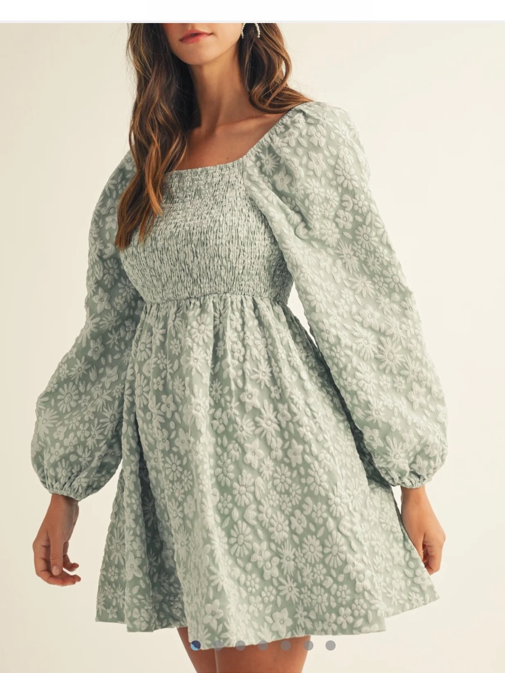 Smocked Square-Neck Floral Mini Dress in Sage Green Jacquard Luxe Floral NWT L